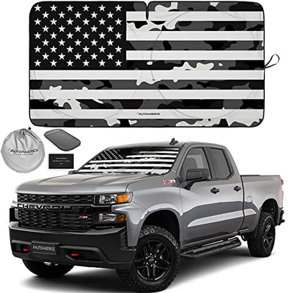 Autoamerics 1-Piece Windshield Sun Shade B&W Camo American Flag USA Design - Foldable Car Front Window Sunshade for Most Sedans SUV Truck - Blocks Max UV Rays and Keeps Your Vehicle Cool - Large - color: USA B&W CAMO FLAG, size: LARGE = 64 x 33.5 inches