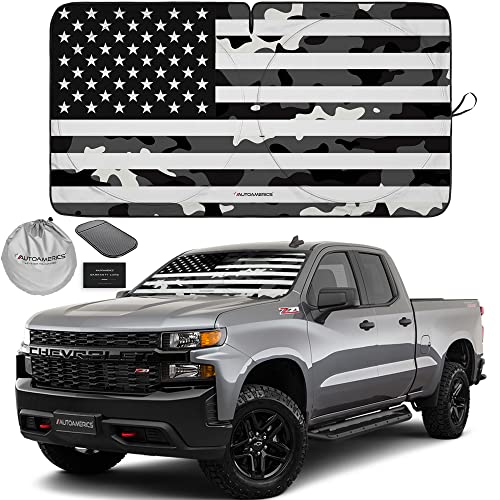 Autoamerics 1-Piece Windshield Sun Shade B&W Camo American Flag USA Design - Foldable Car Front Window Sunshade for Most Sedans SUV Truck - Blocks Max UV Rays and Keeps Your Vehicle Cool - Large - color: USA B&W CAMO FLAG, size: LARGE = 64 x 33.5 inches