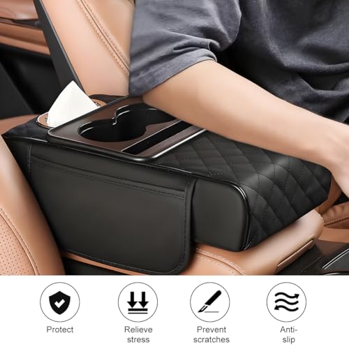 Car Armrest Cushion, 5-in-1 Nappa Leather Vehicle Centre Console Cover with 2 Storage Pockets, Cup Phone & Phone Holder, Multifunctional Auto Organiser Accessories, Universal Fit (Black) - color: Black