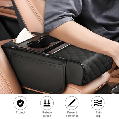 Car Armrest Cushion, 5-in-1 Nappa Leather Vehicle Centre Console Cover with 2 Storage Pockets, Cup Phone & Phone Holder, Multifunctional Auto Organiser Accessories, Universal Fit (Black) - color: Black