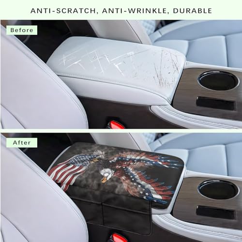 Eagle Center Console Cover, American Flag Print 300D Polyester Fabric Armrest Cover Center Console Cushion with Side Pockets Compatible with Most Cars Vehicles SUVs - color: American Flag Eagle