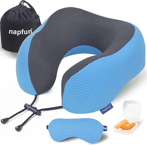napfun Neck Pillow for Travel with Travel Pouch, Sleep Mask & Earplugs, Memory Foam Airplane Pillow for Headrest Sleep with Eyeshades, Plane Essentials with Eye Blindfold, Sky Blue Striped Kit - color: Sky Blue Striped Kit