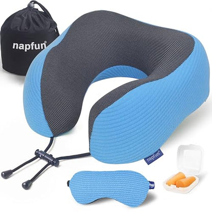 napfun Neck Pillow for Travel with Travel Pouch, Sleep Mask & Earplugs, Memory Foam Airplane Pillow for Headrest Sleep with Eyeshades, Plane Essentials with Eye Blindfold, Sky Blue Striped Kit - color: Sky Blue Striped Kit