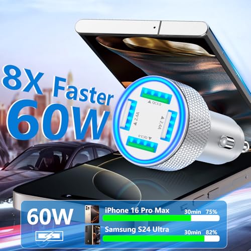 USB Car Charger, Stuffcool 60W Dual USB-A + QC3.0 Power Cigarette Lighter Adapter 4-Port Car Charger Carplay Fast Charging for iPhone 17 17 Pro Max 16 15 14 13 12/Galaxy S26 S25 S24 S23/Pixel 9 8/iPad - color: Matte Silver