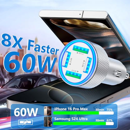 USB Car Charger, Stuffcool 60W Dual USB-A + QC3.0 Power Cigarette Lighter Adapter 4-Port Car Charger Carplay Fast Charging for iPhone 17 17 Pro Max 16 15 14 13 12/Galaxy S26 S25 S24 S23/Pixel 9 8/iPad - color: Matte Silver
