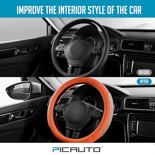 PIC AUTO Steering Wheel Cover, Glitter Gel Particles & Orange Luxury Leather Car Steering Cover, Universal Fit 14.5"-15.5" Anti-Slip Car Wheels Cover for Girls & Women - color: Orange