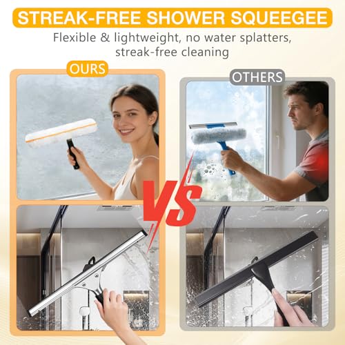 Window Cleaning Squeegee Kit- 14" Squeegee & Microfiber Rotatable Window Scrubber,All-Purpose Tile Shower Walls Window Glass Car Windshield Mirrors,Reusable Microfiber Sleeve