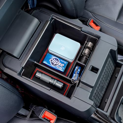 TOPINSTALL 2020-2026 Ford Explorer Console Organizer Tray - Compatible with 2020+ Ford Explorer Deep Armrest Storage Box with Coin Holder & Non-Slip Mats, Red Interior 6th Gen Explorer Accessories - color: Red
