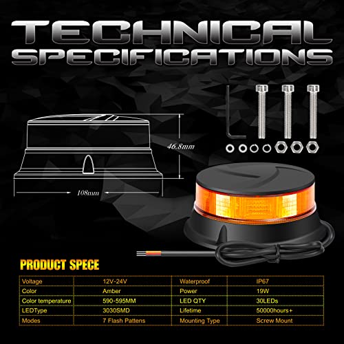 DAYSEN 2Pcs Amber Strobe Beacon Lights - 360° Rotating Emergency Light with 7 Flash Modes, 12V/24V Compatible for Trucks, Tractors, ATV/UTV, Golf Carts (4.2" Permanent Mount) - size: Screw (2pcs)