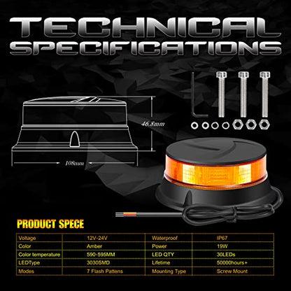 DAYSEN LED Amber Beacon Strobe Light, 4.2" Flashing Emergency Lights, Permanent Mount 360°Rotating Rooftop Safety Warning Light for Trucks Tractors Golf Carts UTV & ATV Car(Screw) - size: Screw (1pcs)