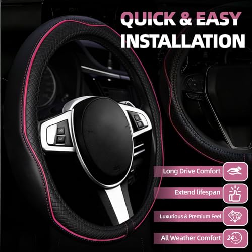 NBTEPEM Customized Auto Car Steering Wheel Cover for Toyota, Microfiber Leather Steering Wheel Covers with Anti-Slip Lining, Breathable, Safety, Soft, Sports Style (Black with Pink Line) - color: Black with Pink Line