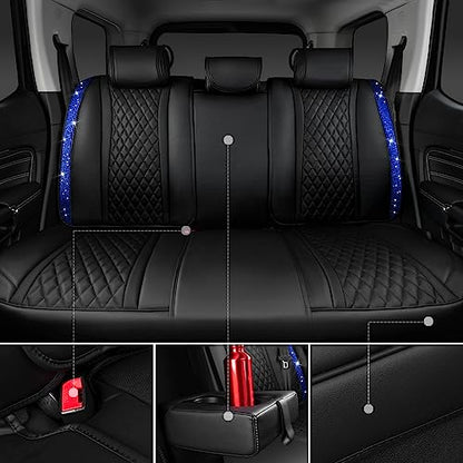 CAR PASS Nappa Leather seat Covers Bling Diamond Car Seat Covers Full Set Universal Cushioned, Waterproof Heavy-Duty Anti-Slip Luxury, Fit for SUV Sedan,Sparkly Glitter Women Crystal Blue Rhinestone - color: Blue Diamond, size: Full Set