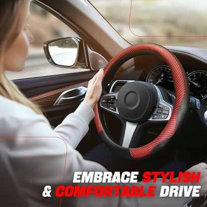 Auto Dynasty Steering Wheel Cover, Breathable Microfiber Leather Car Steering Wheel Protector with Red Black Carbon Fiber Stitching, Anti-Slip, [14 1/2 to 15 Inches] Universal Fit Cars Trucks SUVs - color: Carbon Fiber Red A