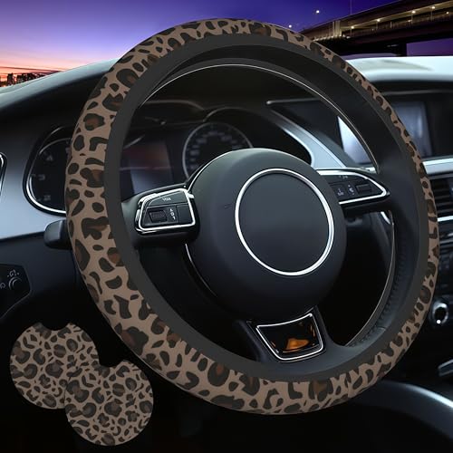 Cheetah Print Steering Wheel Cover Coffee Leopard Print Steering Wheel Cover Breathable Universal for 15 Inch Anti-Slip Car with 2 Pieces Car Coasters Suitable for Men Women Cheetahs - color: Cheetah Print