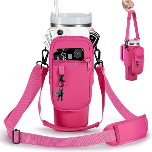 BULKITEM Water Bottle Carrier Bag with Phone Pocket for Stanley 40 & 30 oz Tumbler with Handle,Pink Insulated Neoprene Cup Holder Pouch w/Adjustable Strap for Quencher H2.0 Stanley Cup Accessories - color: Hot Pink, size: 40oz