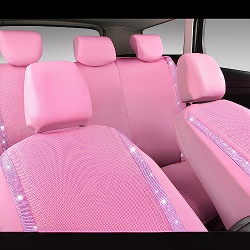 CAR PASS Bling Diamond Car Seat Covers Full Set, Shining Rhinestone Waterproof Faux Leather, Rear with Zipper, Universal Fit Automotive Glitter Crystal Sparkle Strips for Cute Women Girl, Pink - color: Pink Leather, size: Full Set
