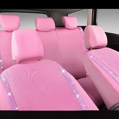 CAR PASS Bling Diamond Car Seat Covers Full Set, Shining Rhinestone Waterproof Faux Leather, Rear with Zipper, Universal Fit Automotive Glitter Crystal Sparkle Strips for Cute Women Girl, Pink - color: Pink Leather, size: Full Set