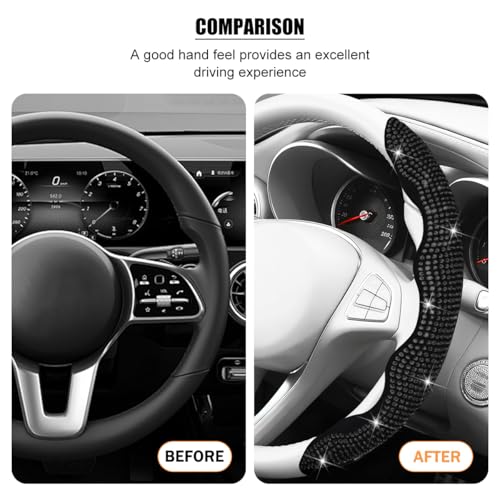 Bling Car Steering Wheel Cover, Rhinestones Non-Slip 15 Inches Vehicle Wheel Cover, Diamond Sparkling Steering Protector for Women Girls, Universal Automotive Accessories (Black) - color: Black
