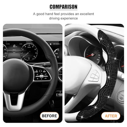 Bling Car Steering Wheel Cover, Rhinestones Non-Slip 15 Inches Vehicle Wheel Cover, Diamond Sparkling Steering Protector for Women Girls, Universal Automotive Accessories (Black) - color: Black