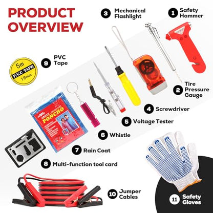 Car Emergency Kit,Auto Vehicle Truck Safety Emergency Road Side Assistance Kits with Jumper Cables,Safety Hammer,Black