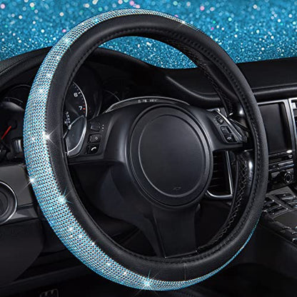 CAR PASS Mint Diamond Black Leather Steering Wheel Cover, Bling Blue Crystal Rhinestones Universal Fit 14"1/2-15" Crystal Glitter for Women Sparkle Girl Fit Suvs,Vans,Sedans,Cars,Trucks, Mint Diamond - color: Mint Diamond