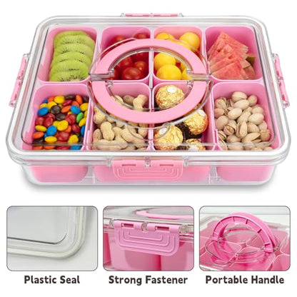 Divided Serving Tray with Lid and Handle,8 Compartments Snacks Box,Snack Fruit Tray,Veggie Tray,Portable Platter for Candy Fruits Nuts Snack Party Entertaining Picnic (2PCS Pink) - color: 2pcs Serving Tray-pink