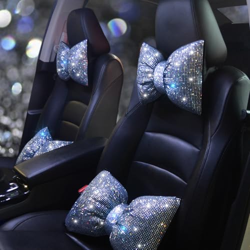 Car Neck Pillows Bowknot Car Headrest Cushion Crystal Rhinestone Diamond Bling Accessories for Women Driving Comfort Neck Support Pillow White 2Pcs - color: White