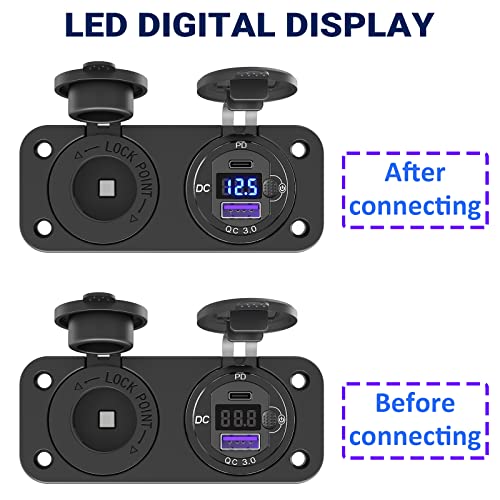Cigarette Lighter Socket 12 Volt USB Outlet: PD 20W C and QC3.0 Car Port Aluminum Metal 12V Plug, 150W Charger Panel with Power Switch LED Voltmeter for Marine Boat RV Golf Cart - color: 2 in 1 - voltmeter