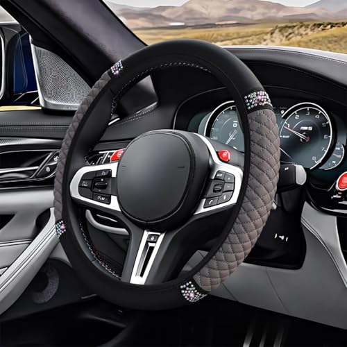 ZIMISI Bling Soft Leather Steering Wheel Cover, 15" Anti-Slip Sparkly Crystal Auto Elastic Steering Wheel Protector for Women Girl, Colorful Diamond Car Interior Accessory for Most Cars (Grey) - color: Grey