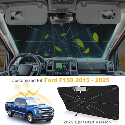 Windshield Sun Shade Umbrella Custom Fit for Ford F150 2015-2023 2024 2025 2026 Foldable UV Protection Car Cover, Emergency Rain Shield & Dashboard Protector - Durable Auto Accessory - size: For Ford F150 2015+