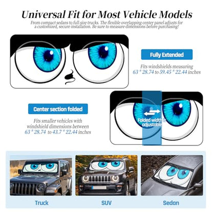 63"x28.5" Car Windshield Sun Shade with Storage Pouch, Stylish Printed Front Window Sunshade with Double Ring Frame, Universal Fit Foldable Heat Blocker & UV Protector for SUV, Sedan (Eyes) - color: Eyes