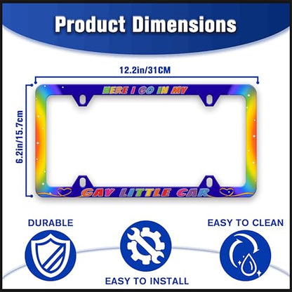 Here I Go In My Gay Little Car License Plate Frame Gay Pride Rainbow License Plate Holders Funny Auto Accessory Bracket Stainless Steel License Plate Frames With Screws For Women Men 6x12 Inch 4 Holes - color: Here I Go In My Gay Little Car