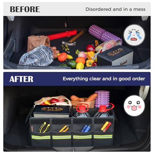 Coverado Car Trunk Organizer - 70L Nappa Leather Trunk Organizer for SUV with Lid, Multi Collapsible Car Storage Organizer Foldable, Multi Compartments with 2 Straps for SUV/Truck