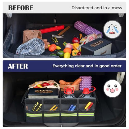 Coverado Car Trunk Organizer - 70L Nappa Leather Trunk Organizer for SUV with Lid, Multi Collapsible Car Storage Organizer Foldable, Multi Compartments with 2 Straps for SUV/Truck