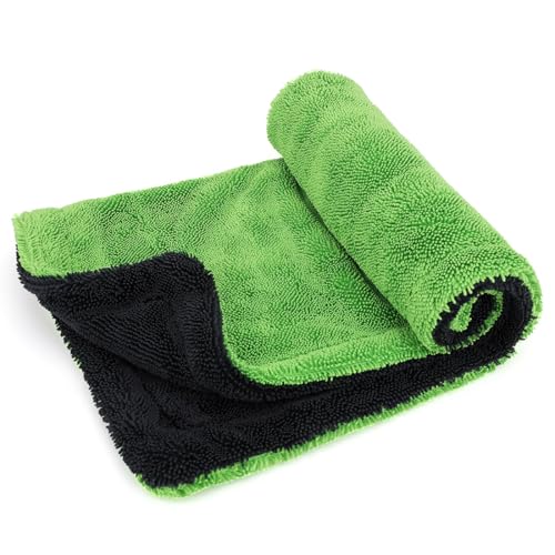 1200GSM Microfiber Car Drying Towel, Double-Twist Loop, Ultra-Absorbent, Quick-Dry, Lint- & Streak-Free, Scratch-Safe, for Car Wash & Detailing (1 Pack) (Dark Grey & Green, 16" x 16") - color: Dark Grey & Green, size: 16" x 16"
