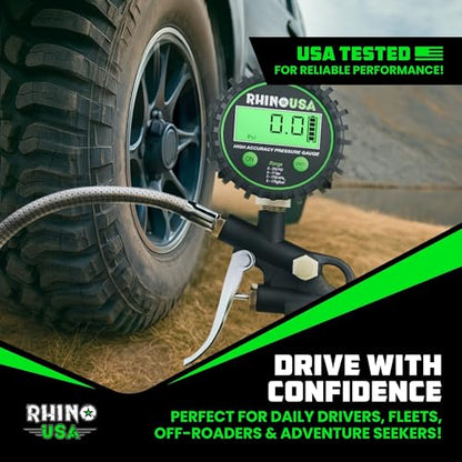 Rhino USA Digital Tire Pressure Gauge with Inflator (250 PSI) Professional Air Chuck & Air Compressor Attachments - High Pressure Tire Gauge with 0.1 Display Resolution - Best Car Accessories (1-Pack) - style: 250psi Digital