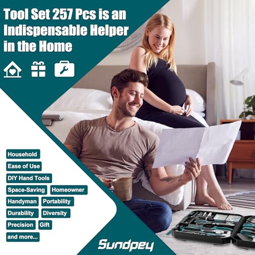 Sundpey Home Tool Kit 257-PCs - Household Basic Repair Tool Set for Men Women - General Hand Mechanic's Tool Set & Screwdriver Set & Wrench Set & Socket & Portable Tool Box Storage Case Blue - style: 257-PCs