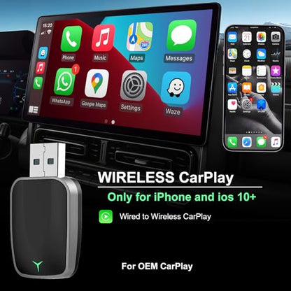 Mini Wireless CarPlay Adapter, Plug & Play Dongle, Low Latency & Stable Connection, Convert Wired to Wireless CarPlay, USB-A/C Compatible, for iPhone iOS 10+ & 2016+ Cars