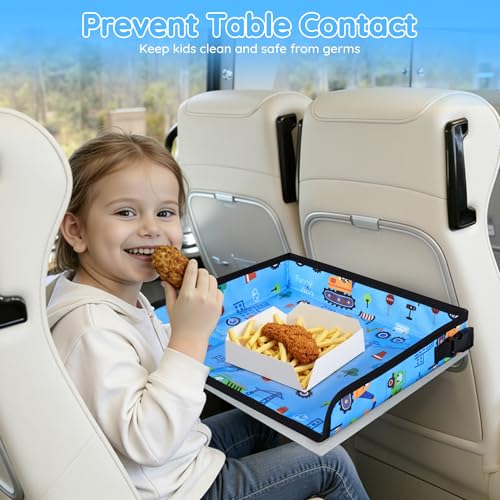 Kids Travel Tray Table Cover with Pockets – Toddler Airplane Essentials for Plane, Train, Car & Highchair, Portable Activity Board with Tablet Holder & Storage (Light Blue) - color: Light Blue