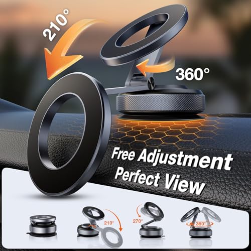 2026 Upgraded Aluminum Magnetic Car Phone Mount for MagSafe [80LBS Vacuum Suction, 3200gf Strong Magnet] 360° Adjustable Car Phone Holder for iPhone 17 16 15 14 13 Pro Max