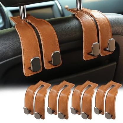 KINIVA Car Seat Headrest Storage Hooks, Set of 2, Suede PU Leather, Double Hooks (06-Brown 4 Pack) - color: 06-Brown 4 pack