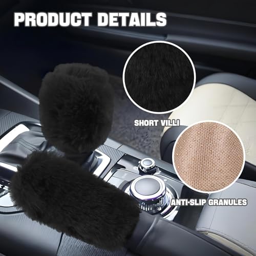 Hovom 2PCS Fluffy Car Gear Shift Knob Cover & Handbrake Cover, Soft Plush Hand Brake Handle & Gear Shift Cover for Women Girls, Universal Comfortable Warm Furry Car Accessories (Black) - color: Black