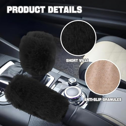 Hovom 2PCS Fluffy Car Gear Shift Knob Cover & Handbrake Cover, Soft Plush Hand Brake Handle & Gear Shift Cover for Women Girls, Universal Comfortable Warm Furry Car Accessories (Black) - color: Black