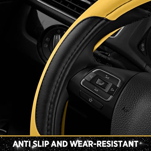 Road Comforts Leather Steering Wheel Cover - Made with PVC Leather - Anti-Slip, Universal Fit 14 1/2 inches to 15 inches - Yellow - color: Yellow