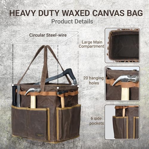 Self-Standing Tool Bag with 6 Pockets & 23 Hanging Holes - Collapsible Reusable Wire Frame Rectangular Basket, Easy Tool Access, 14" x 13" x 10" | Grey - color: Grey