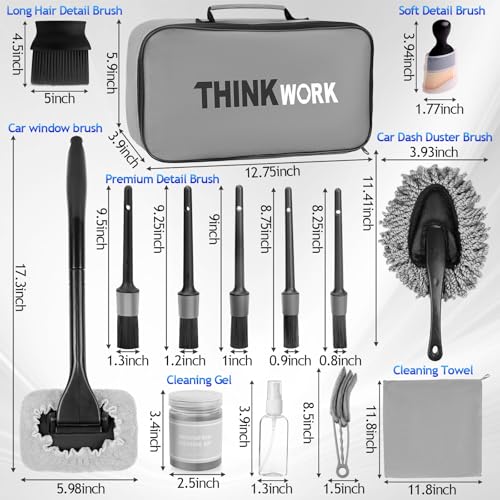 THINKWORK Windshield Cleaner Tool, Car Interior Cleaning Kit, Car Detailing Kit Interior Cleaner with10Pcs Detailing Brush Set, Gray Auto Detailing Supplies & Accessories - size: 20PCS