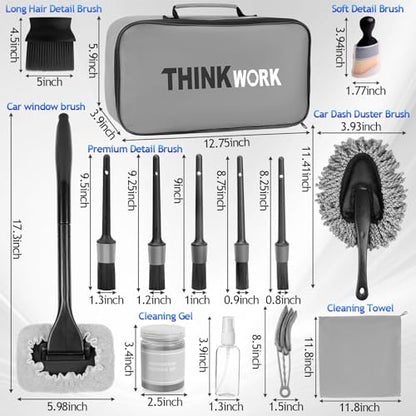 THINKWORK Windshield Cleaner Tool, Car Interior Cleaning Kit, Car Detailing Kit Interior Cleaner with10Pcs Detailing Brush Set, Gray Auto Detailing Supplies & Accessories - size: 20PCS