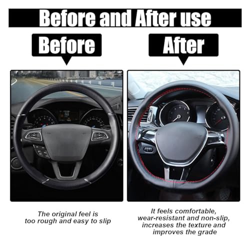 Car Genuine Leather Steering Wheel Cover, DIY Sewing with Needle and Thread, Breathable, and Anti-Slip, Universal 15 Inch Car Steering Wheel Stitching Wrap (Black Red, Glossy) - color: Black Red, size: Glossy
