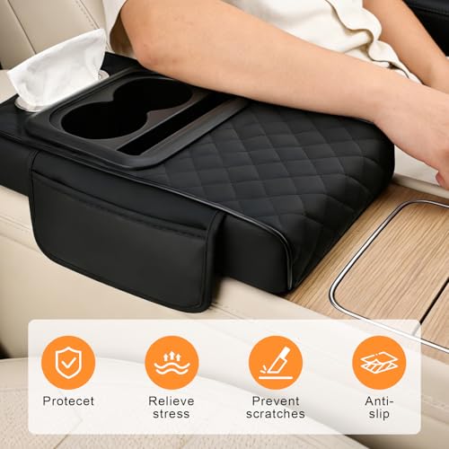 Car Armrest Cushion,Multifunctional Center Console Cover with 2 Storage Bags Cup Holder,Tissue Box Slot & Phone Storage,Car Storage Organizer Interior Accessories,Black