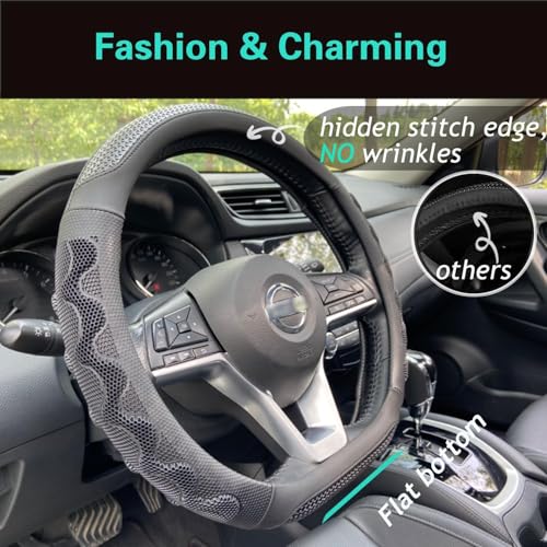 PINCTROT D Shaped 14.5-15 Inch Steering Wheel Cover Great Grip with 3D Honeycomb Anti-Slip Design, Flat Bottom 14.5-15 Inch (All Black) - color: 7.D-shaped,All Black, size: Medium(Standard) Size[14 1/2''-15'']